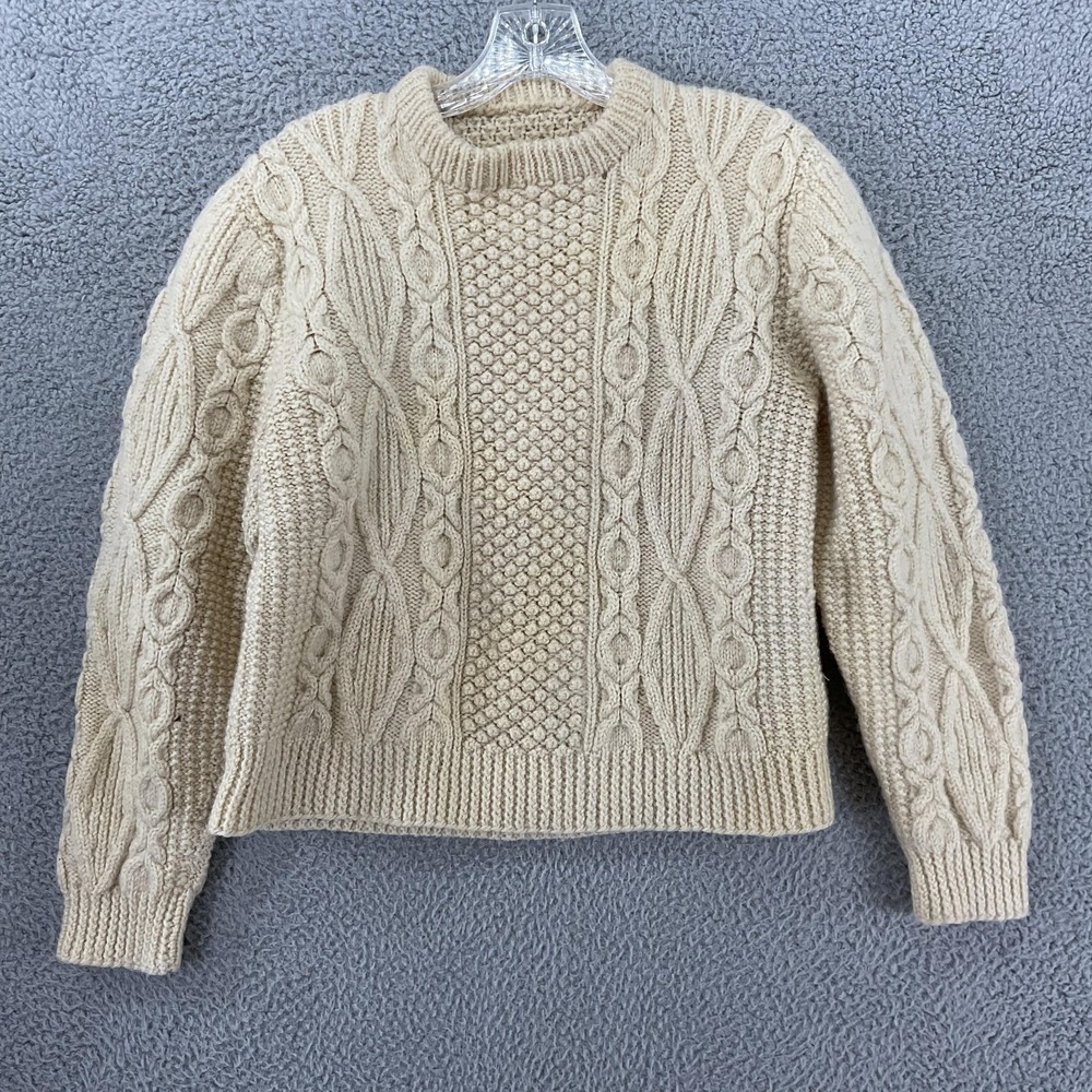 Sweater Handknit Womens M White Cable Knit Chunky Long Sleeve Short Fisherman